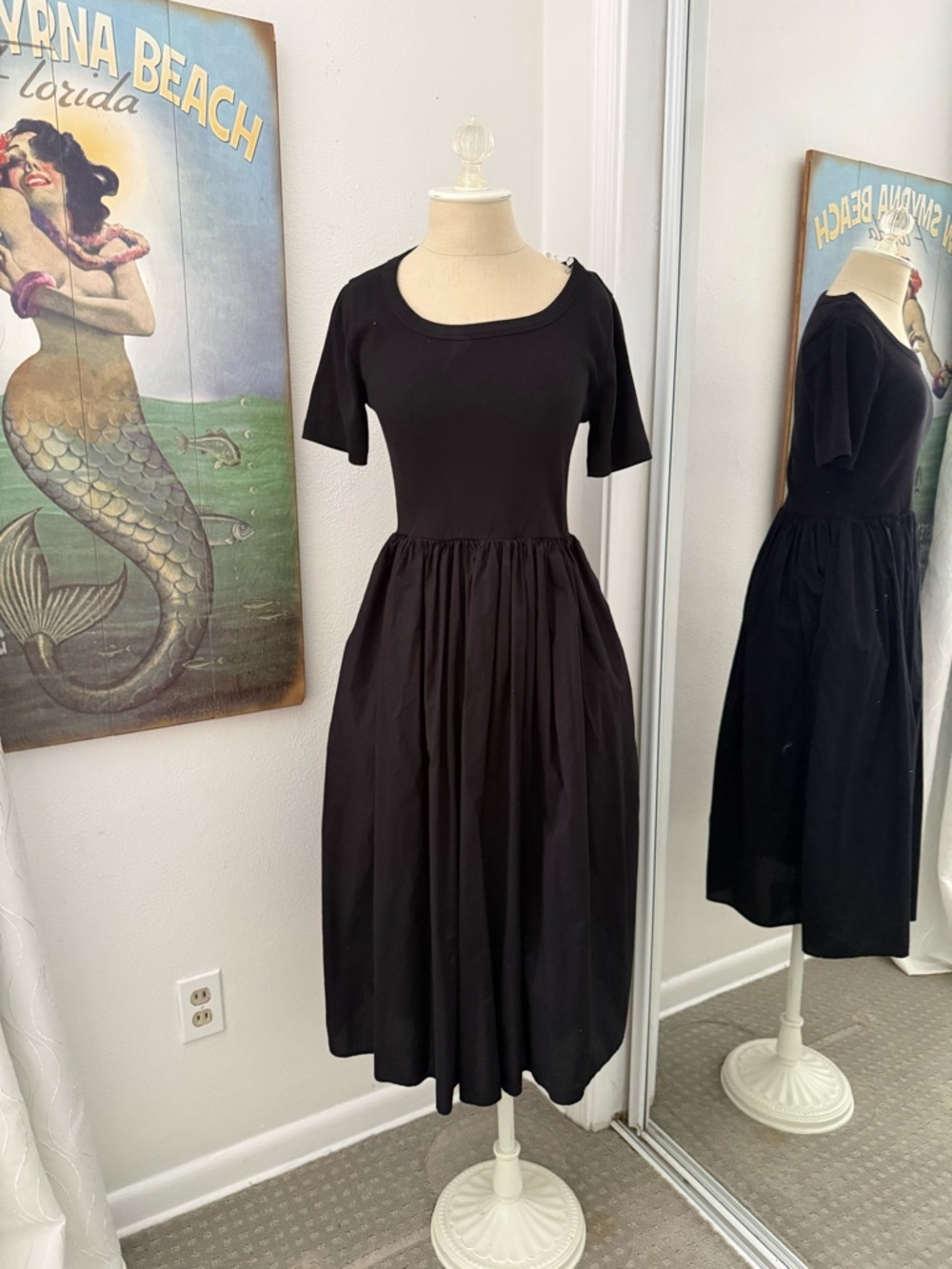 Classic Black Short-Sleeve Midi Dress